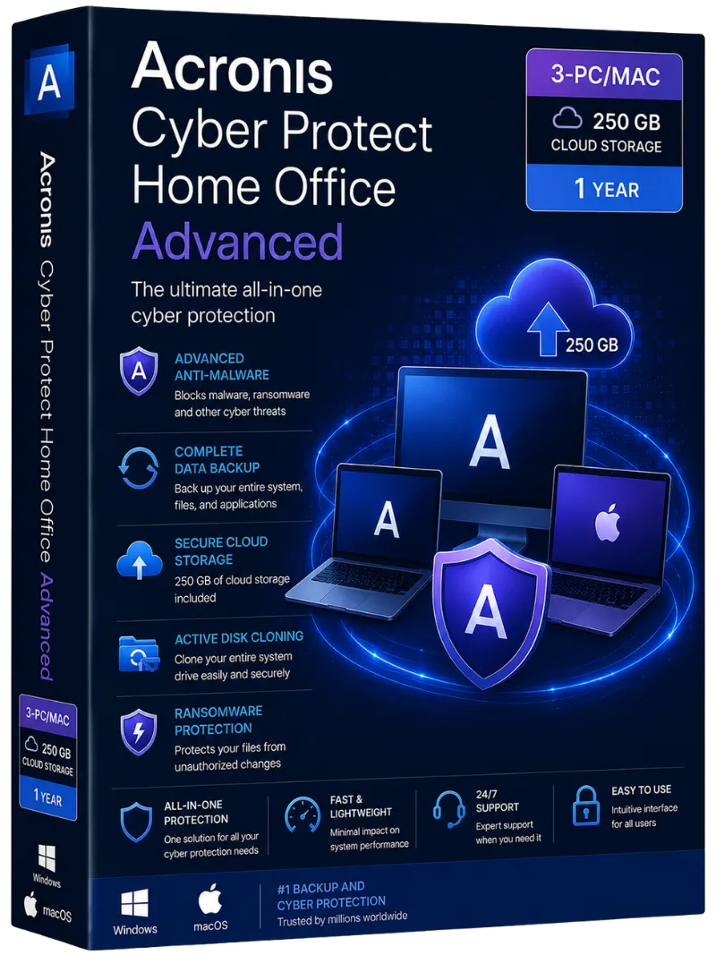 Acronis Cyber Protect Home Office Advanced 3-PC/MAC + 250 GB Cloud Storage 1 year