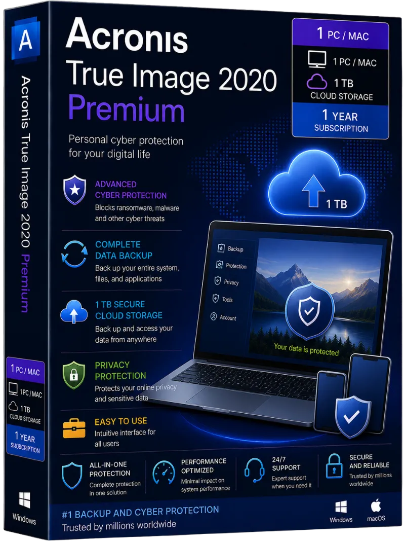 Acronis True Image 2020 Premium 1-PC/MAC + 1 TB Cloud Storage 1 year