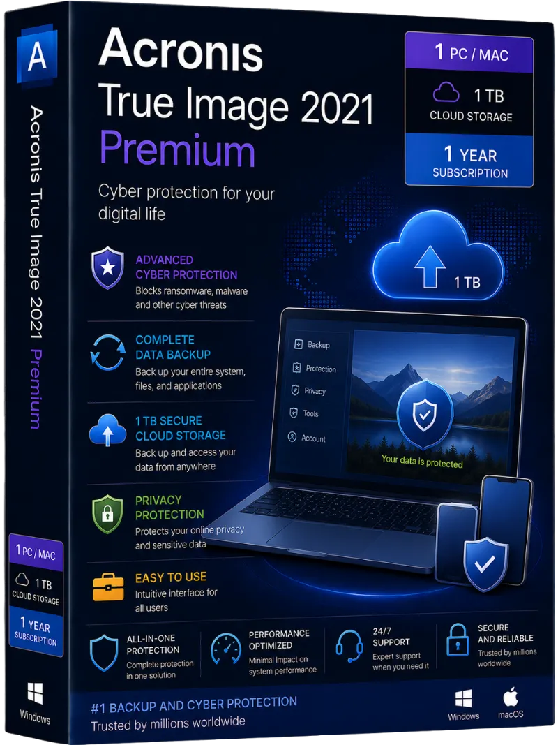 Acronis True Image 2021 Premium 1-PC/MAC + 1 TB Cloud Storage 1 year