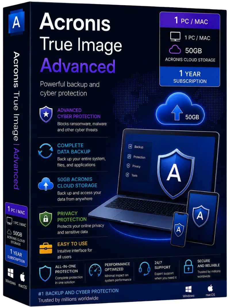 Acronis True Image | Advanced Subscription + 50GB Acronis Cloud Storage | 1 PC/MAC | 1 Year