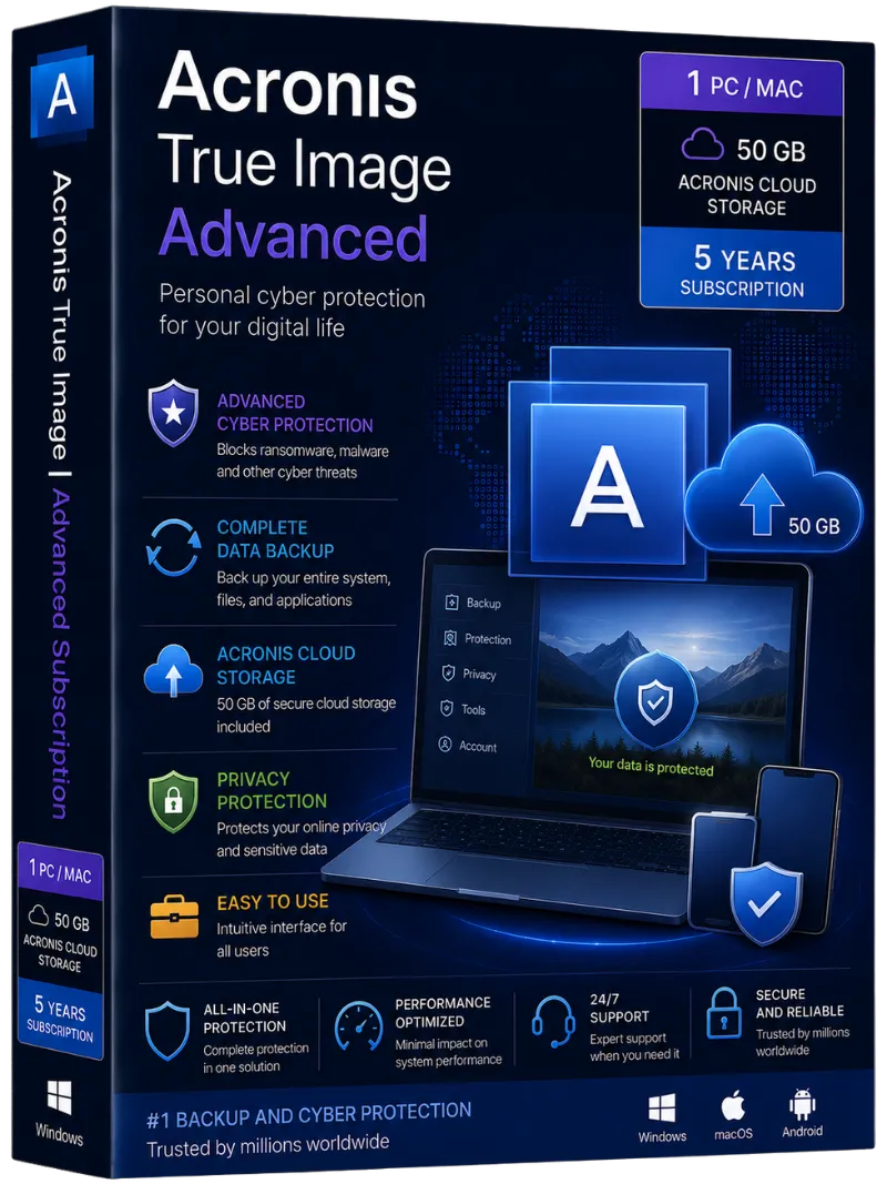 Acronis True Image | Advanced Subscription + 50GB Acronis Cloud Storage | 1 PC/MAC | 5 Years