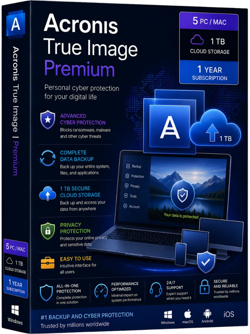 Acronis True Image | Premium + 1 TB Cloud Storage | 5 PC/MAC | 1 Year