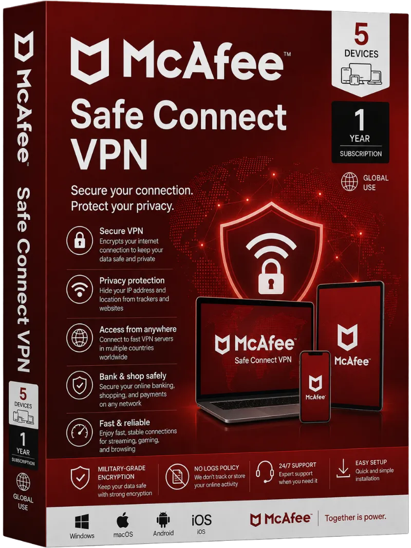 McAfee Safe Connect VPN 5 Device 1 Year Global